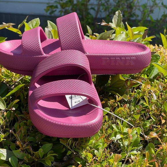 PINK Victoria Secret Double Strap Pillow Slides In Red Violet Medium 7/8 - Picture 5 of 11